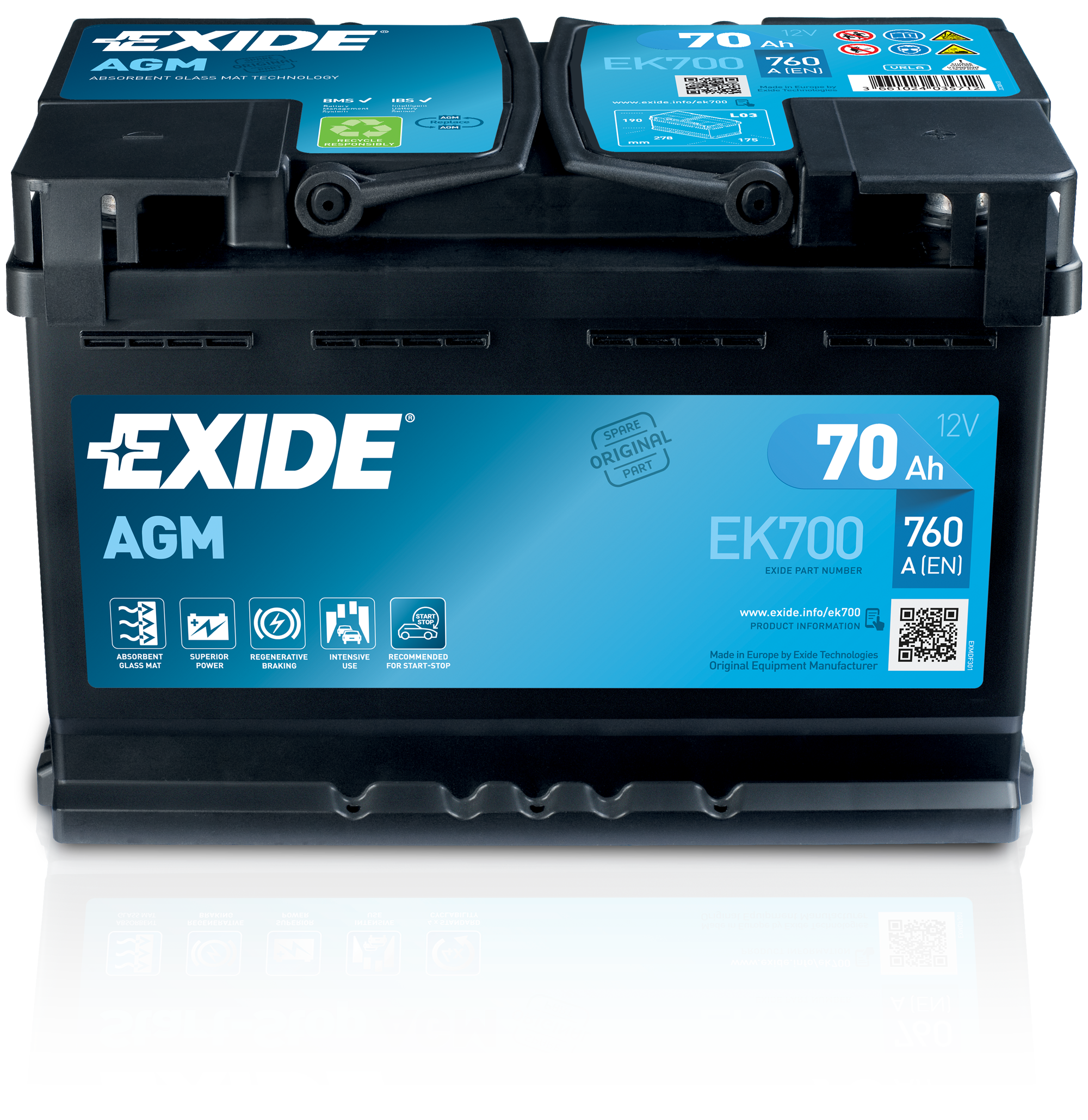 Exide EK800 Start-Stop AGM 12V 80Ah 800A : : Auto